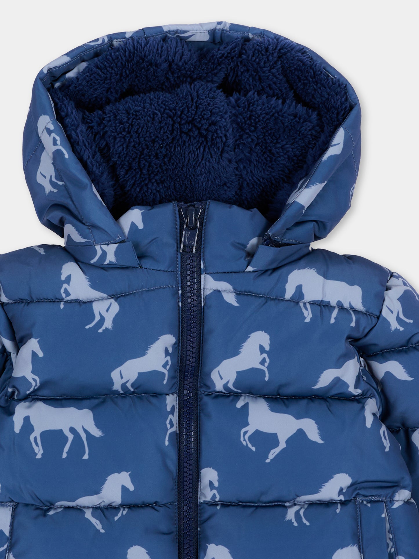 Piumino blu per neonato con cavalli,Stella Mccartney Kids,TZ2337 Z4032 657GR