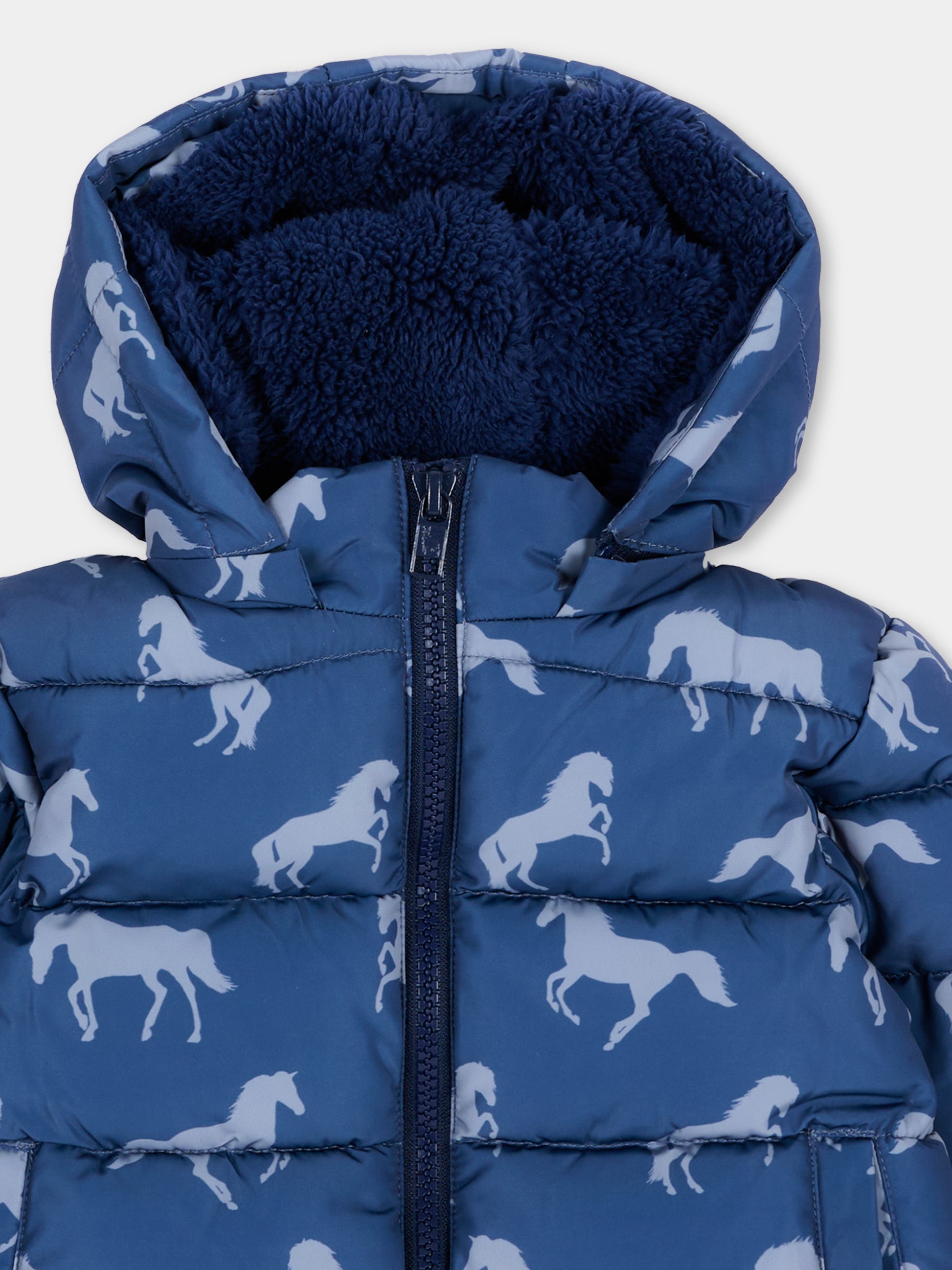 Piumino blu per neonato con cavalli,Stella Mccartney Kids,TZ2337 Z4032 657GR