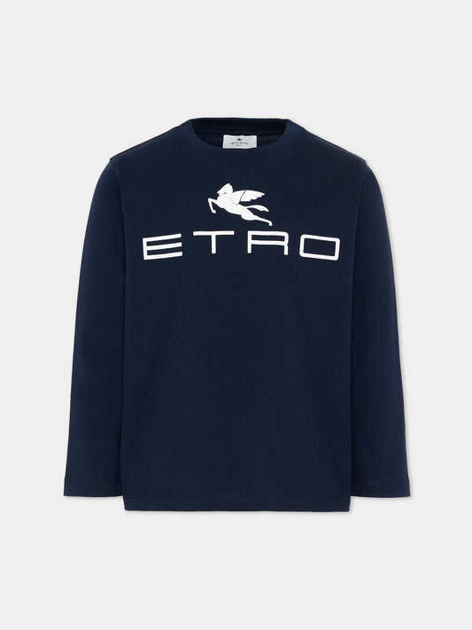 T-Shirt a manica lunga blu per bambini con logo,Etro,GZ8P10 Z3672 617