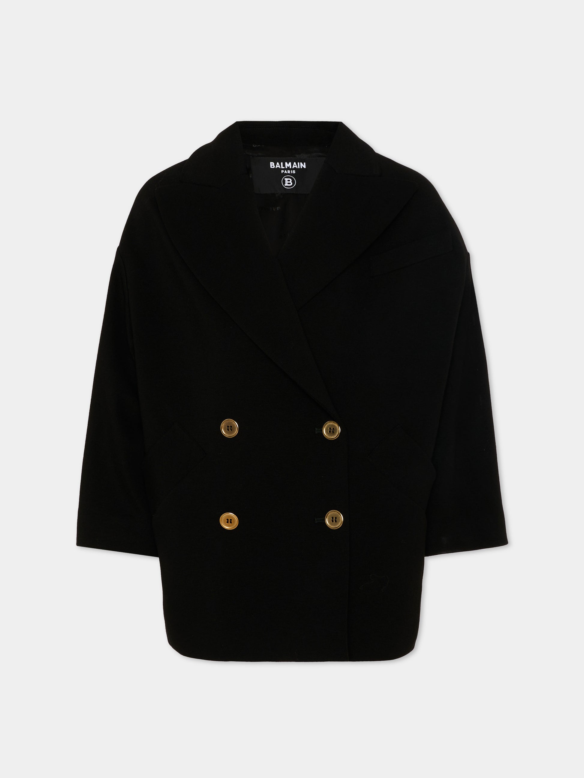 Cappotto nero doppiopetto per bambina con logo,Balmain Kids,BZ2A50 J0371 930OR