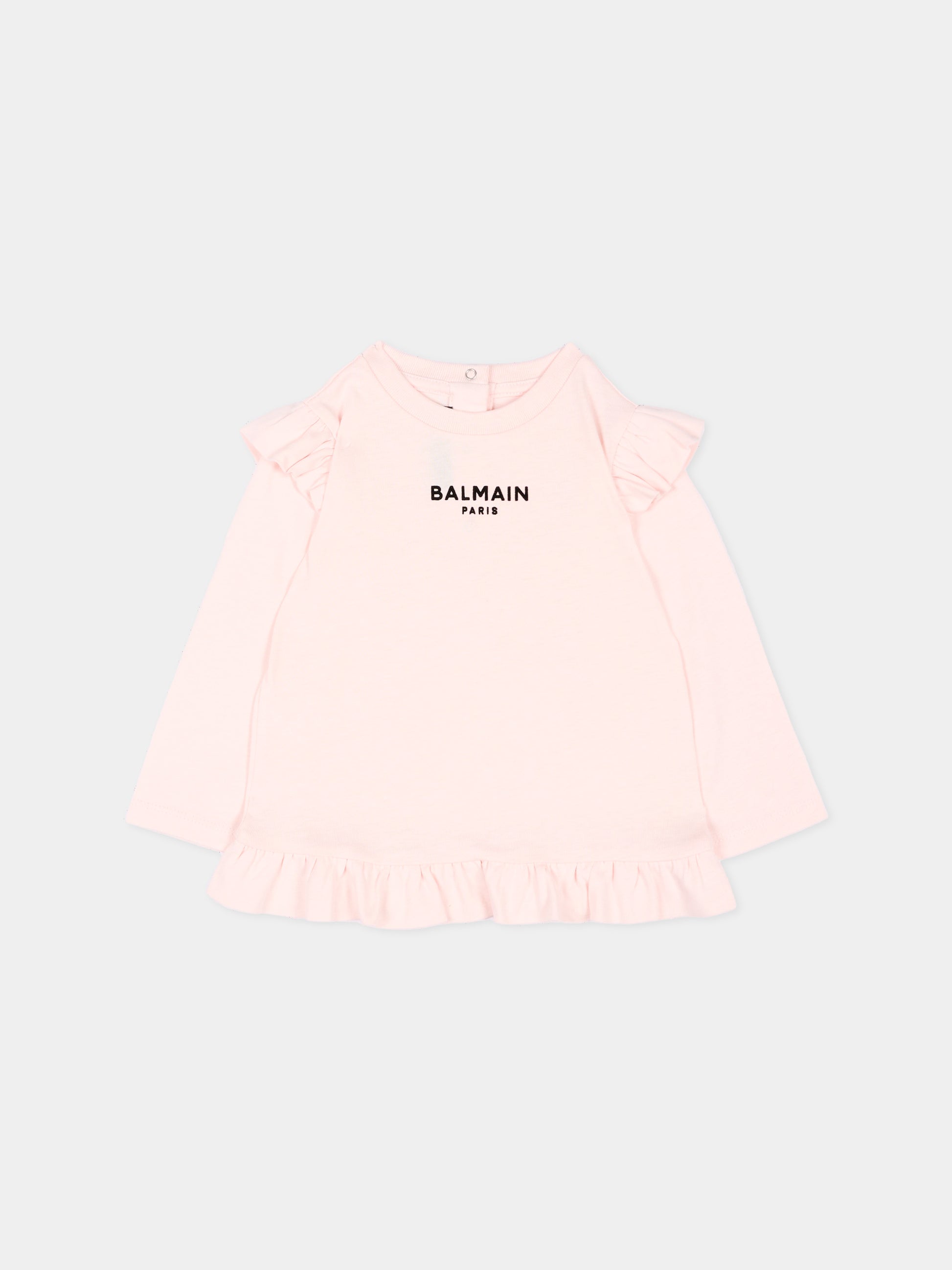 T-shirt a manica lunga rosa per neonata con logo,Balmain Kids,BZ8010 Z3672 508NE