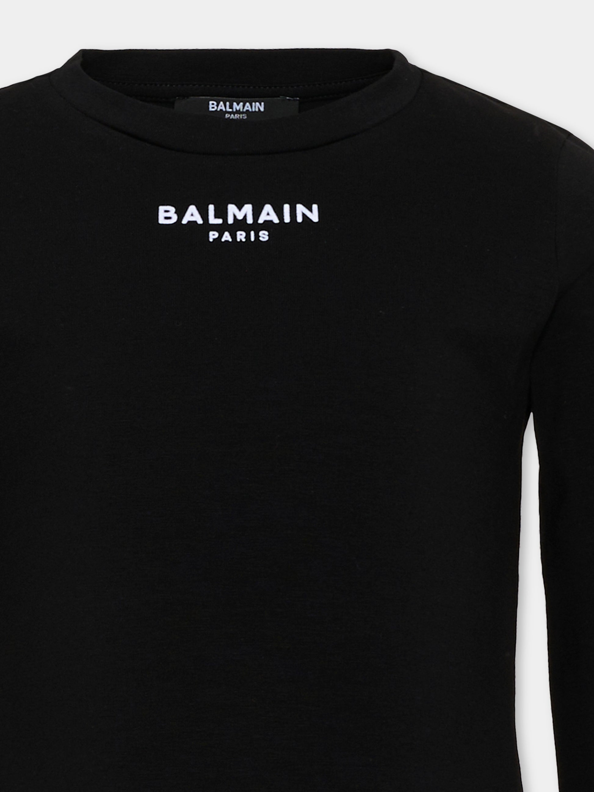 T-Shirt a manica lunga nera per bambina con logo,Balmain Kids,BZ8A70 Z3277 930BC