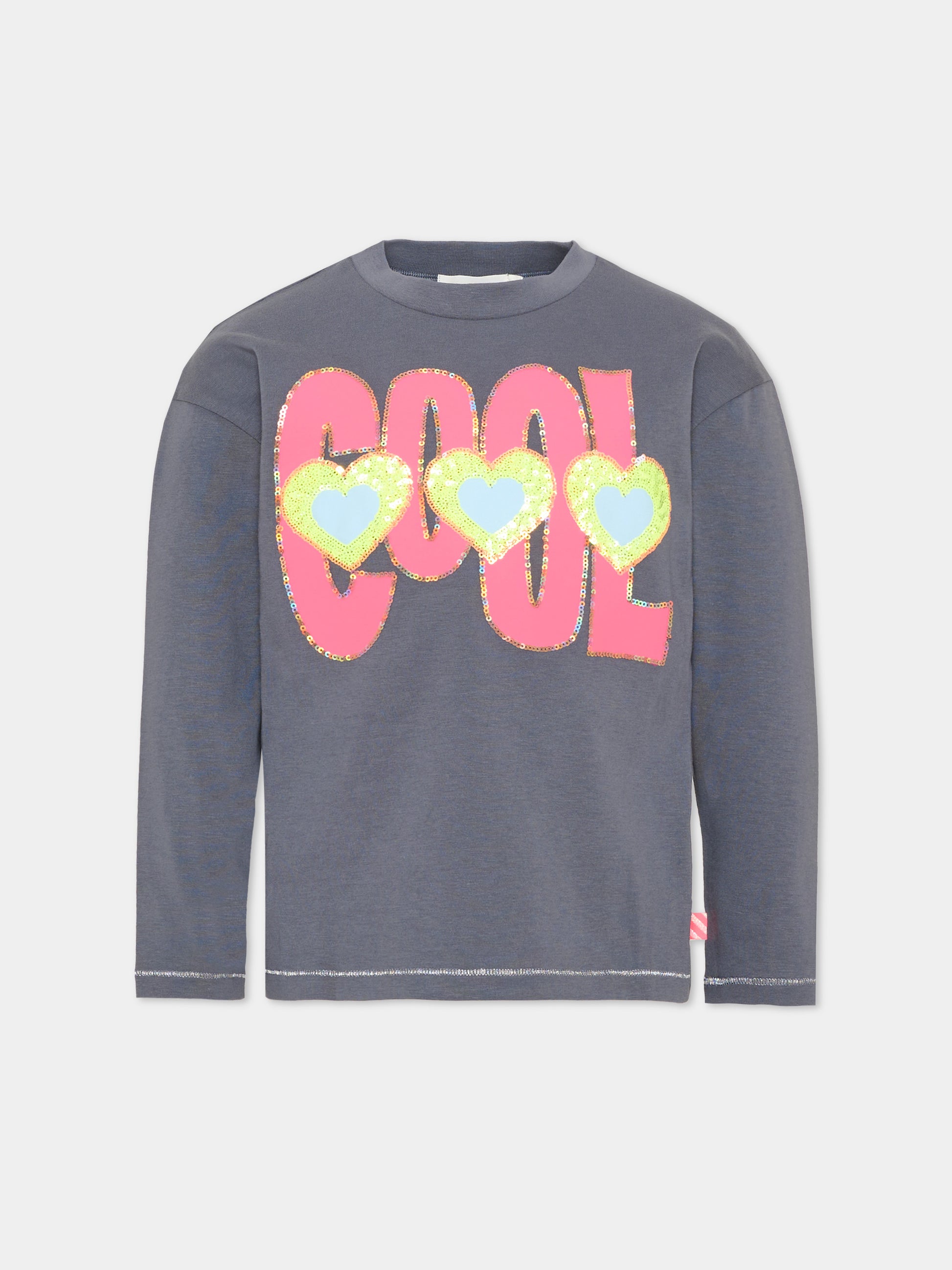 T-shirt a manica lunga grigia per bambina con cuori,Billieblush,U22378 083