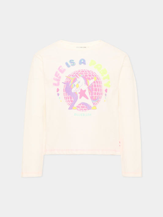T-shirt avorio per bambina con unicorno,Billieblush,U22382 121