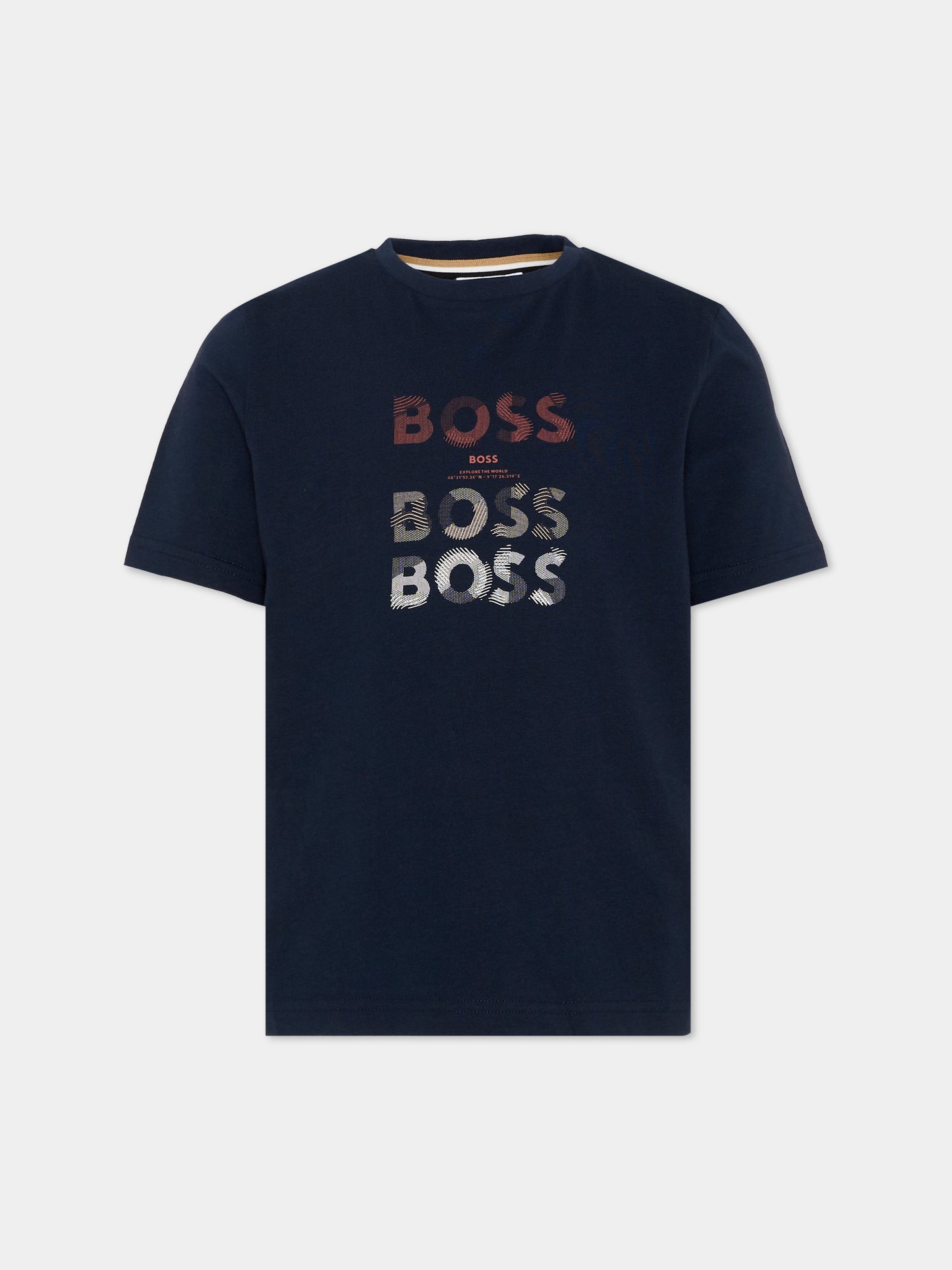 T-Shirt blu per bambino con logo,Boss,J53410 849