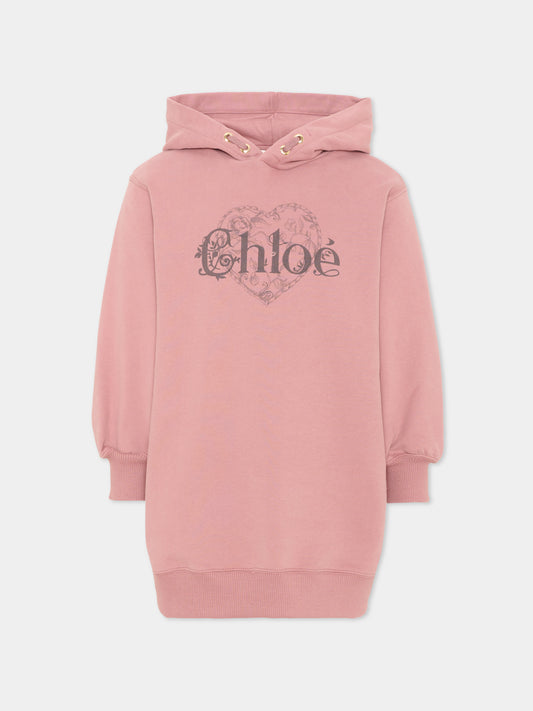 Vestito a manica lunga rosa con logo,Chloé Kids,C21245 48W