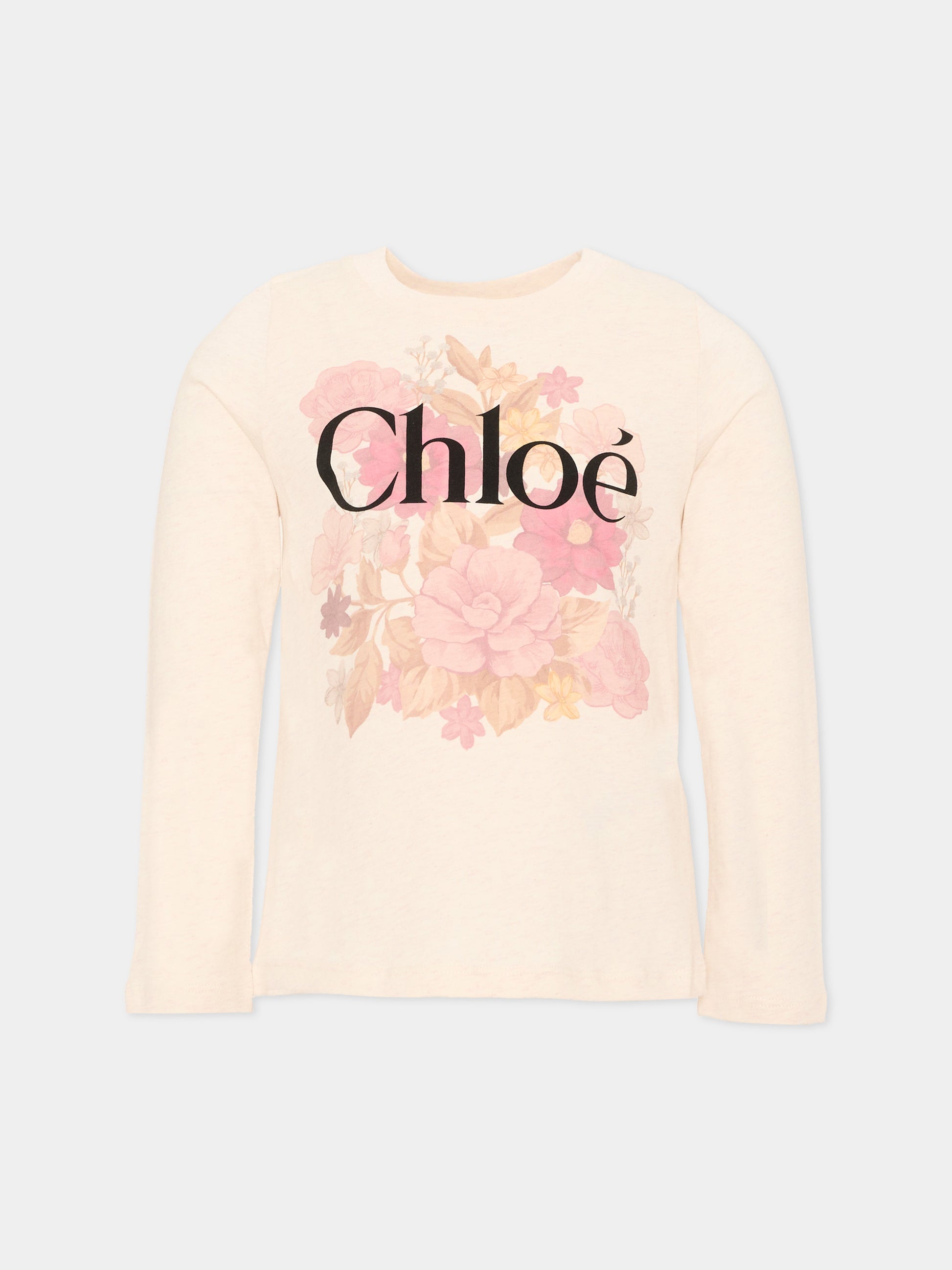T-Shirt beige per bambina con logo floreale,Chloé Kids,C21304 B39