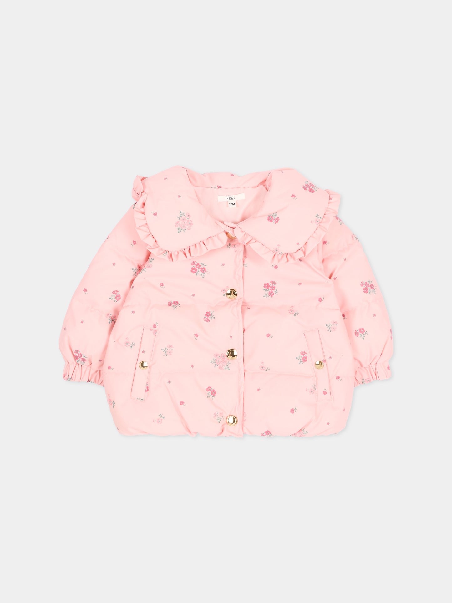 Piumino rosa per neonata floreale,Chloé Kids,C21358 461