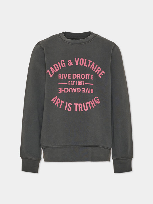 Felpa girocollo grigia per bambina con logo,Zadig & Voltaire Kids,X60867 096