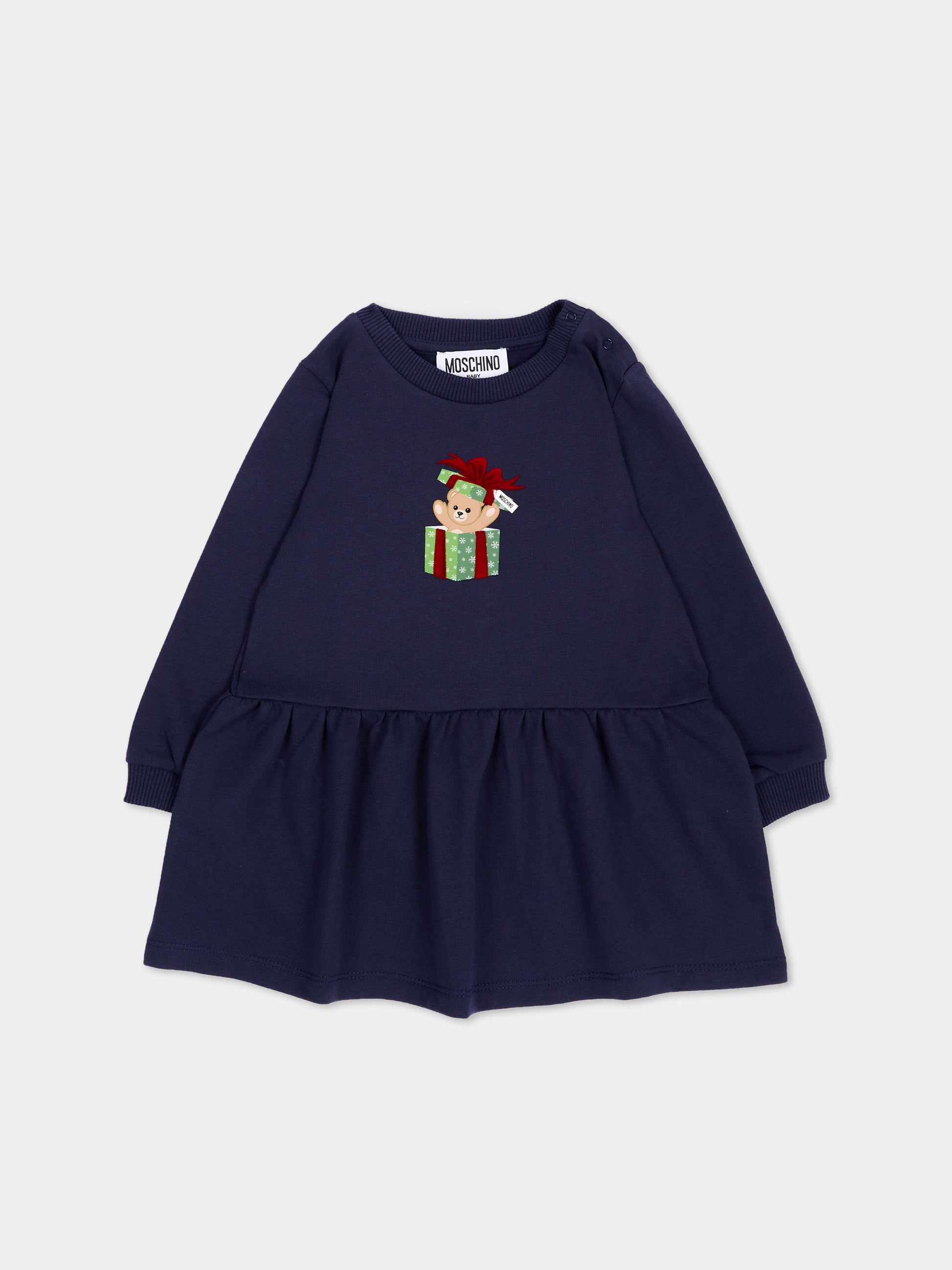 Vestito blu per neonata con Teddy Bear,Moschino Kids,MDV0DO LCA61 40016