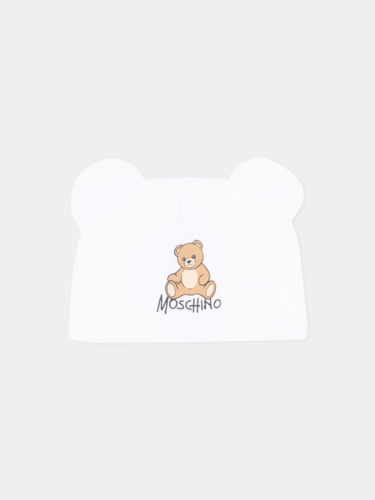 Cappello bianco per neonati con Teddy Bear,Moschino Kids,MMX05H LCA40 10101