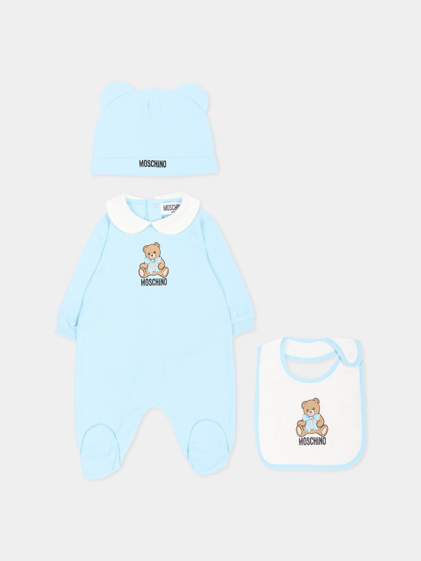 Set tutina azzurra per neonato con Teddy Bear,Moschino Kids,MNY08B LCA40 40304