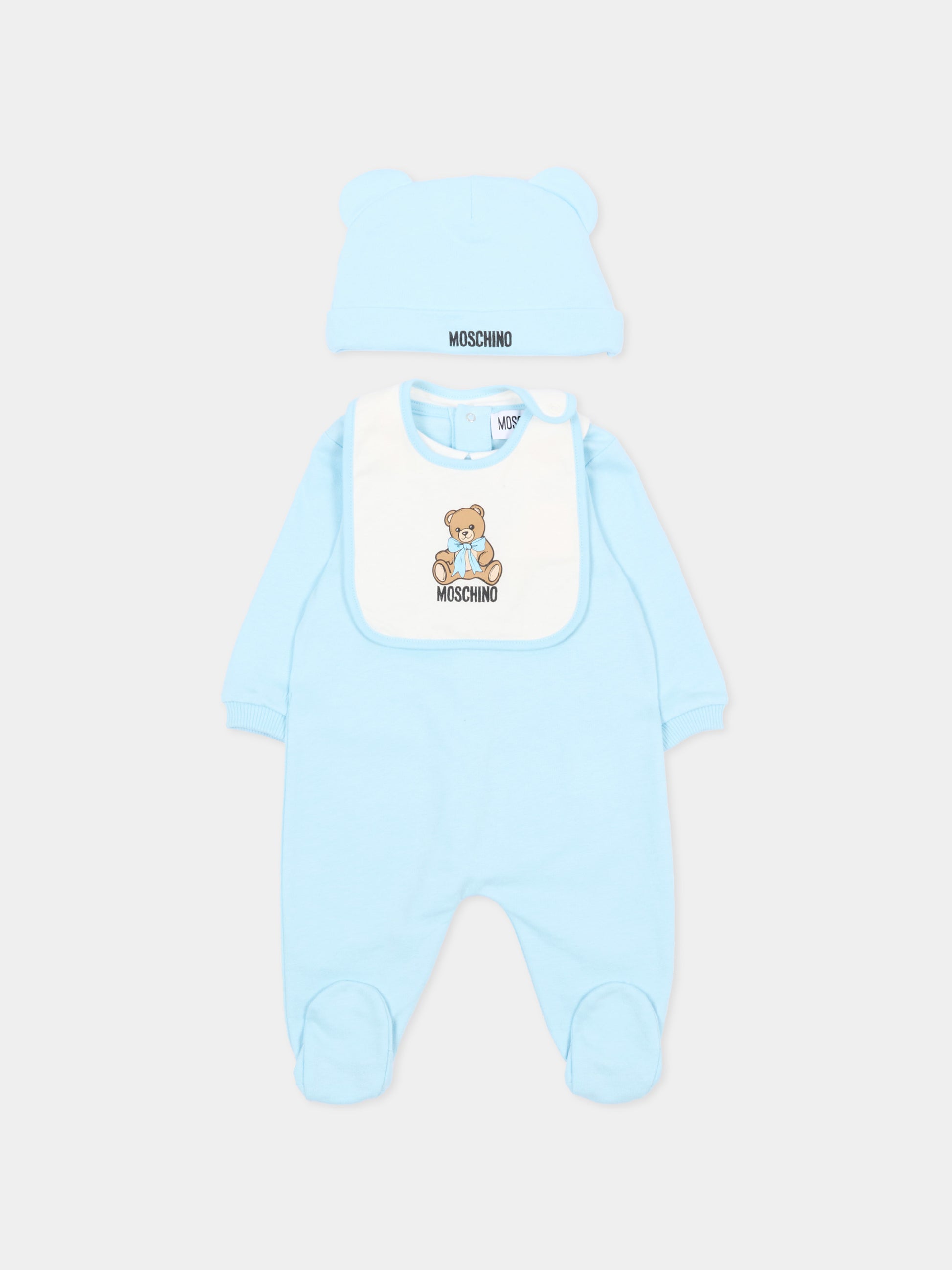 Set tutina azzurra per neonato con Teddy Bear,Moschino Kids,MNY08B LCA40 40304