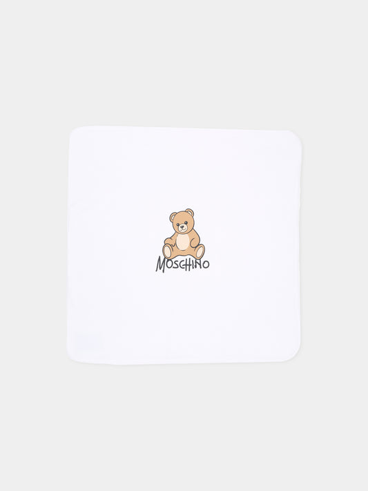 Coperta bianca per neonati con Teddy Bear,Moschino Kids,MTB00F LCA40 10101