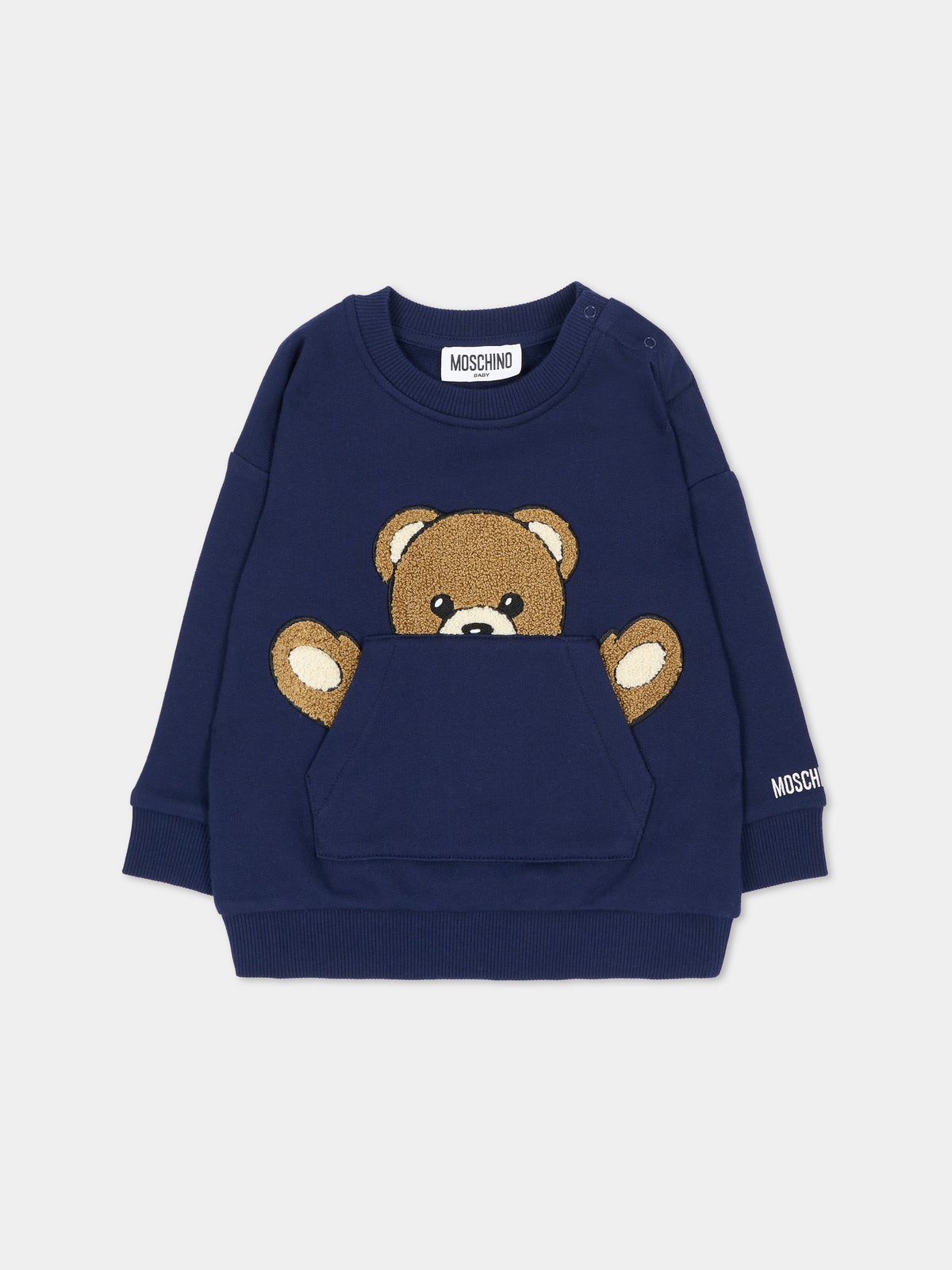 Felpa girocollo blu per neonati con Teddy Bear,Moschino Kids,MUF06K LCA93 40016