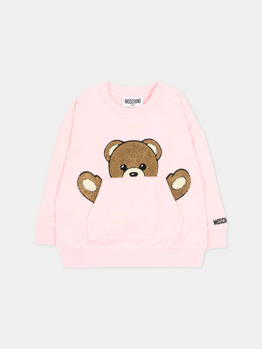 Felpa girocollo rosa con Teddy Bear per neonata,Moschino Kids,MUF06K LCA93 50209