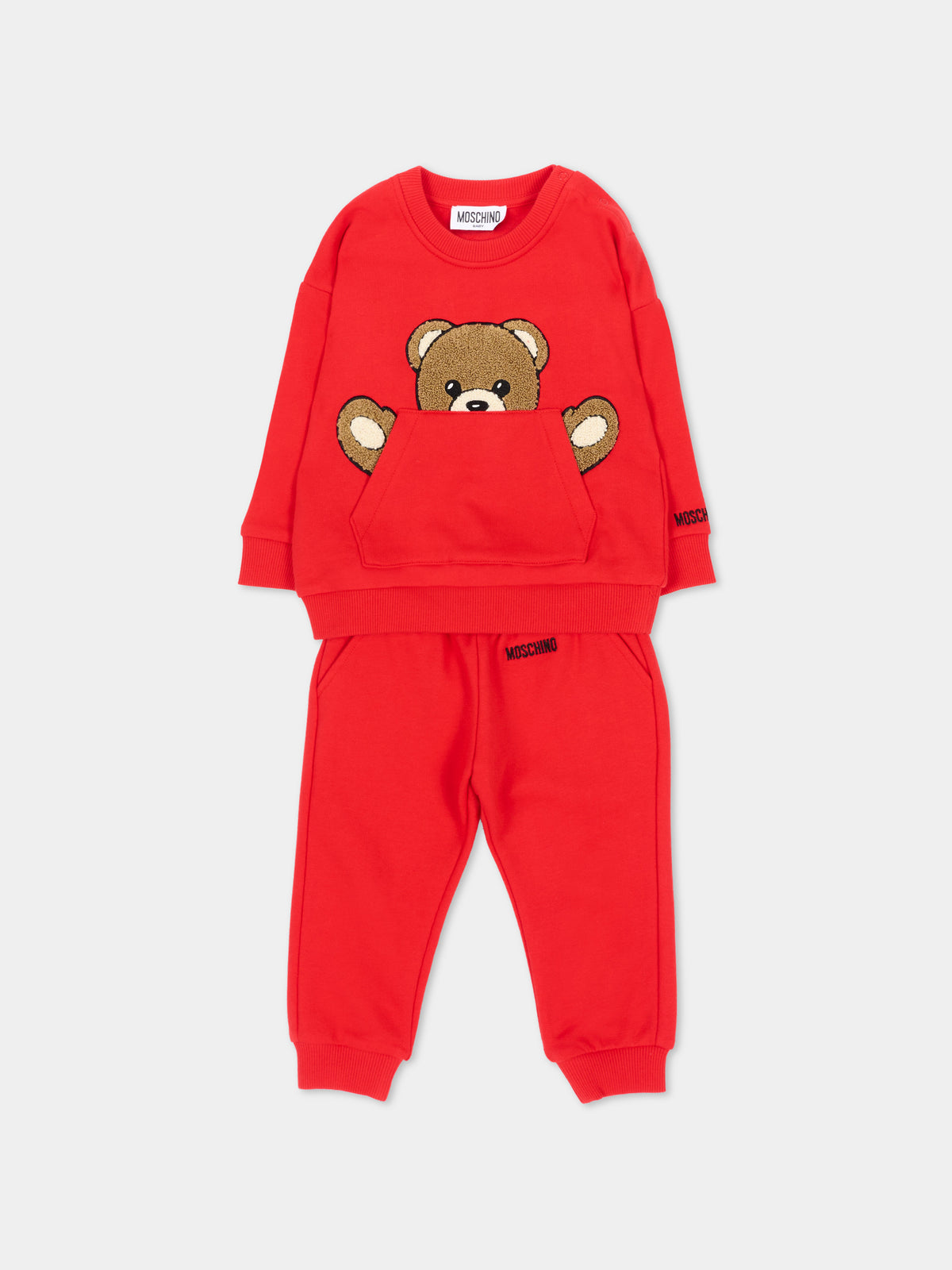 Completo sportivo lungo rosso per neonati con Teddy Bear,Moschino Kids,MUK05V LCA93 50109