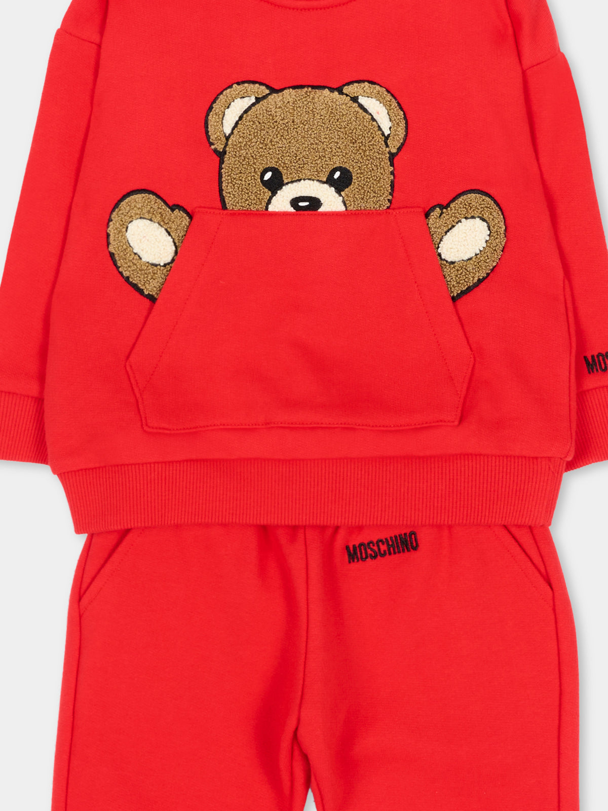 Completo sportivo lungo rosso per neonati con Teddy Bear,Moschino Kids,MUK05V LCA93 50109