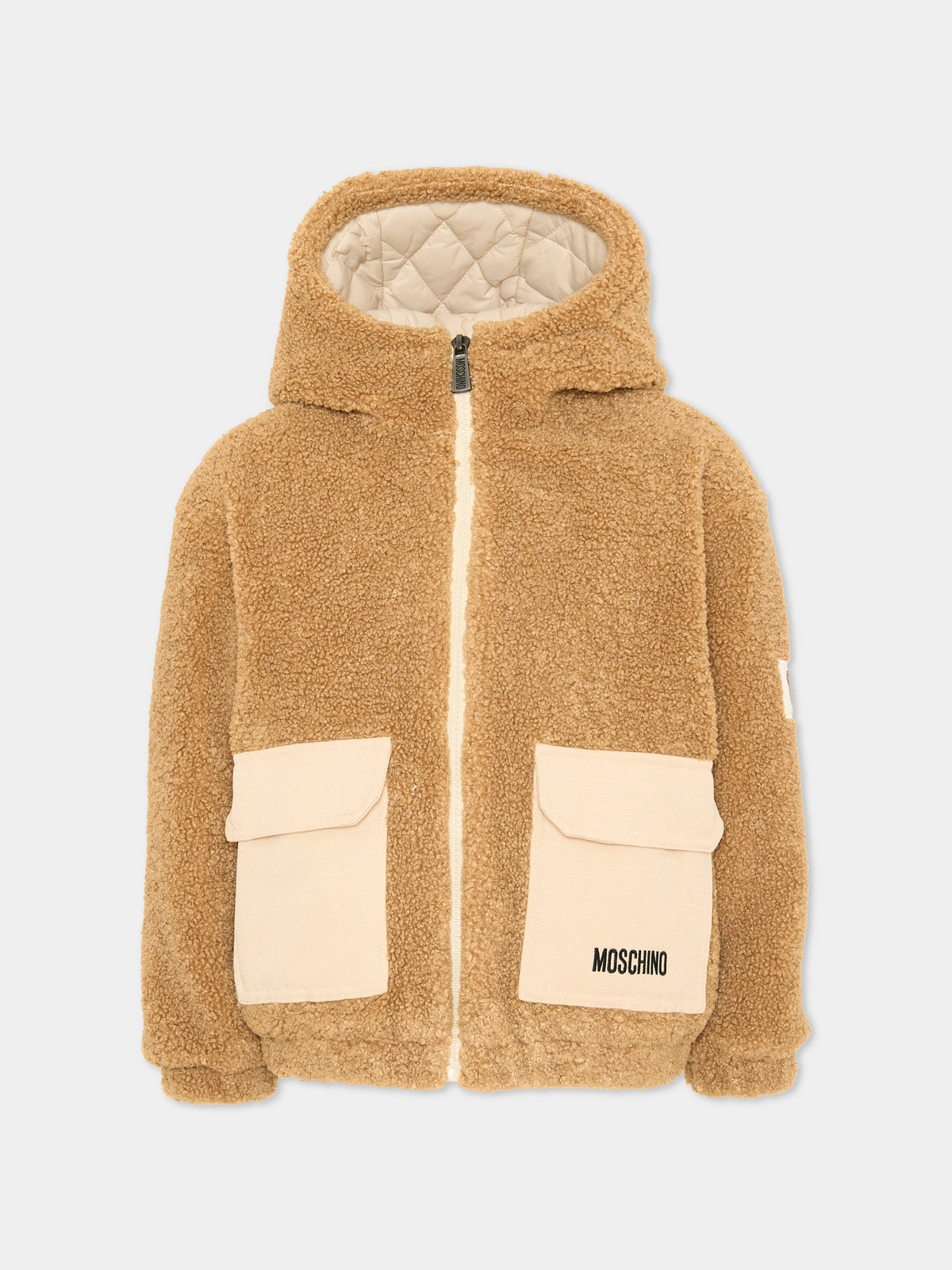 Ecopelliccia beige con cappuccio per bambini,Moschino Kids,HUS05R LIA00 20351