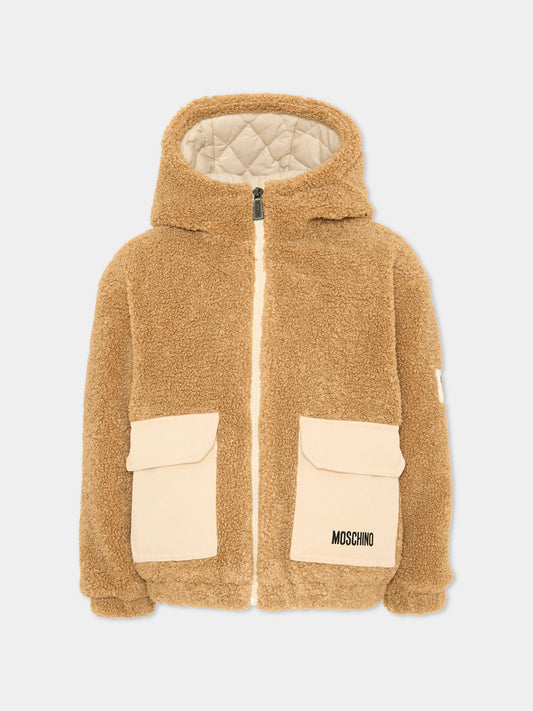 Ecopelliccia beige con cappuccio per bambini,Moschino Kids,HUS05R LIA00 20351