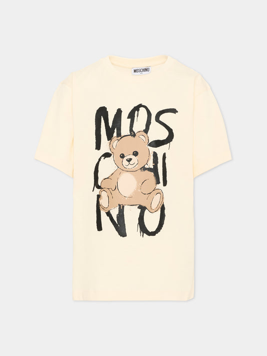 T-Shirt avorio per bambini con logo e Teddy Bear,Moschino Kids,HNM05G LAA20 10123