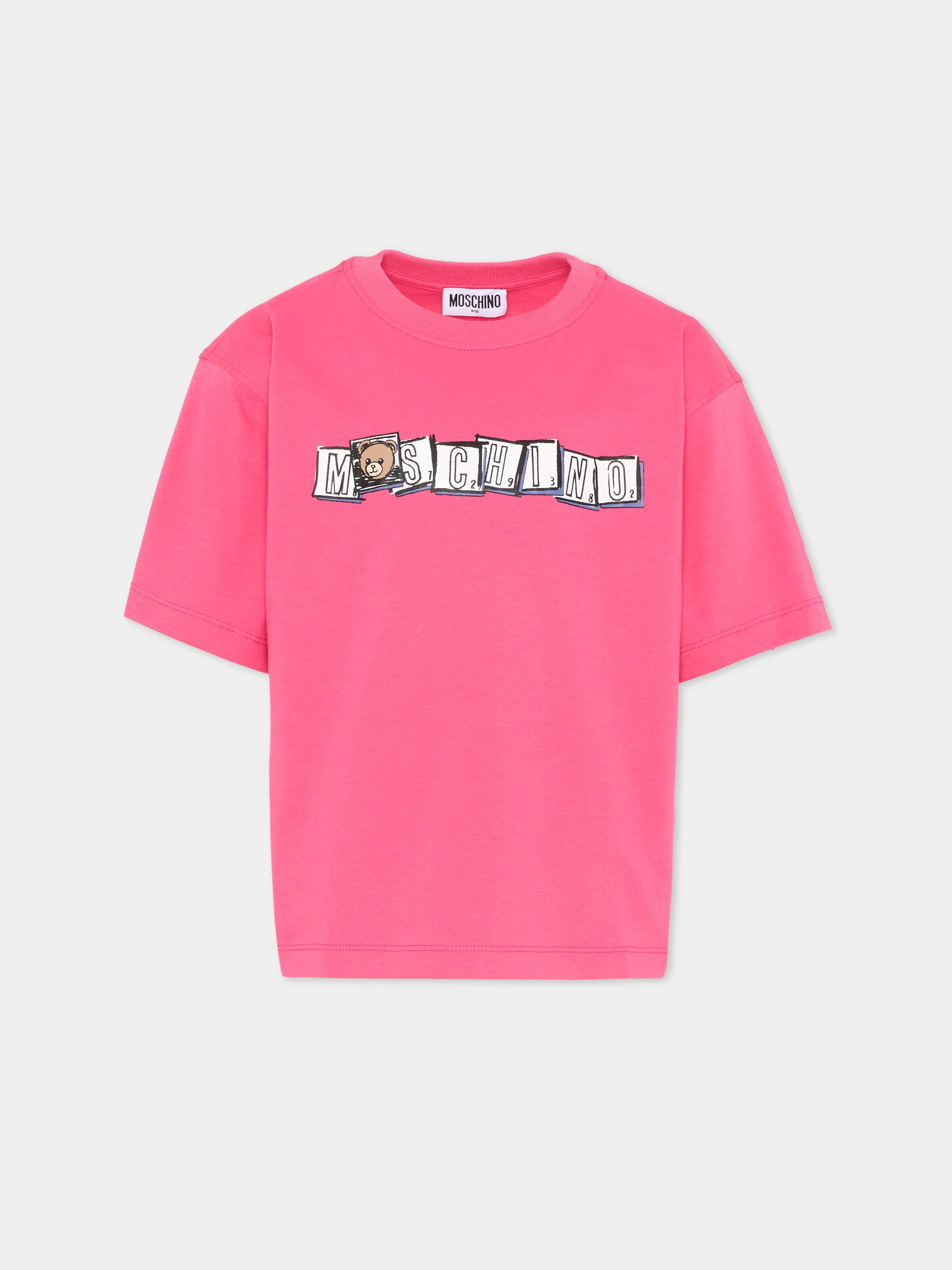 T-Shirt fucsia per bambina con logo,Moschino Kids,HUM05F LAA20 50541