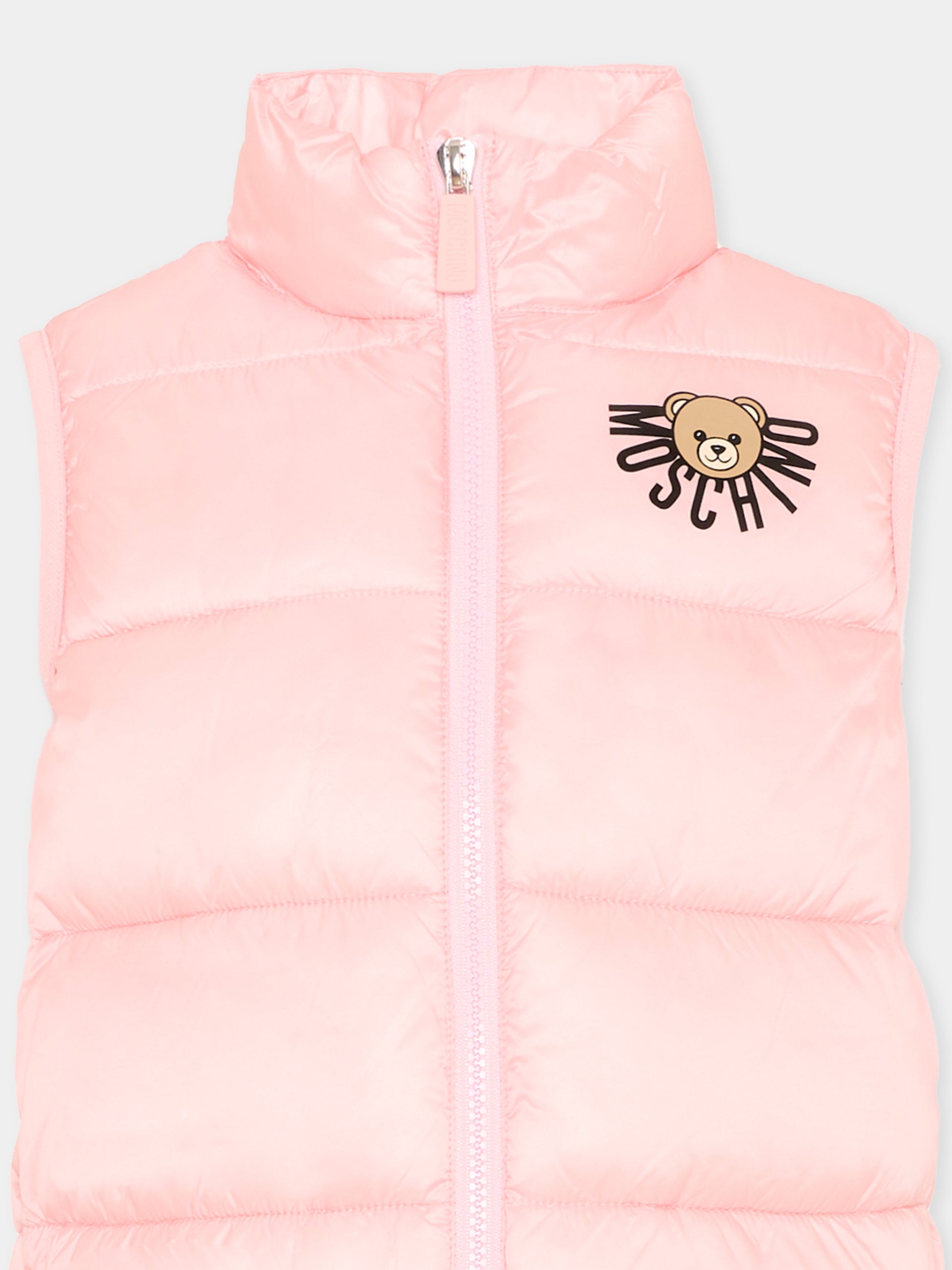 Gilet rosa per bambina con logo e Teddy Bear,Moschino Kids,HQS02K L3A32 50209