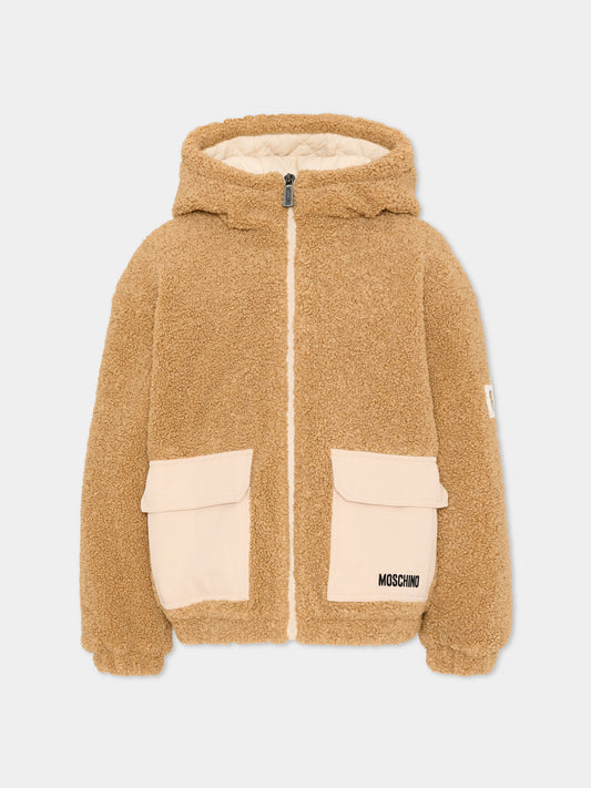 Ecopelliccia beige per bambini con logo,Moschino Kids,HUA008 LIA00 20351