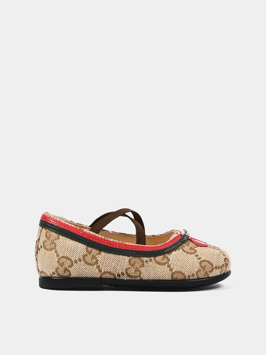 Beige ballet flats for Baby Girl with Jacquard GG