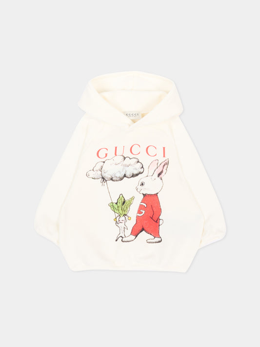Felpa con cappuccio avorio per neonato con coniglio,Gucci Kids,749653 XJHZA 9214