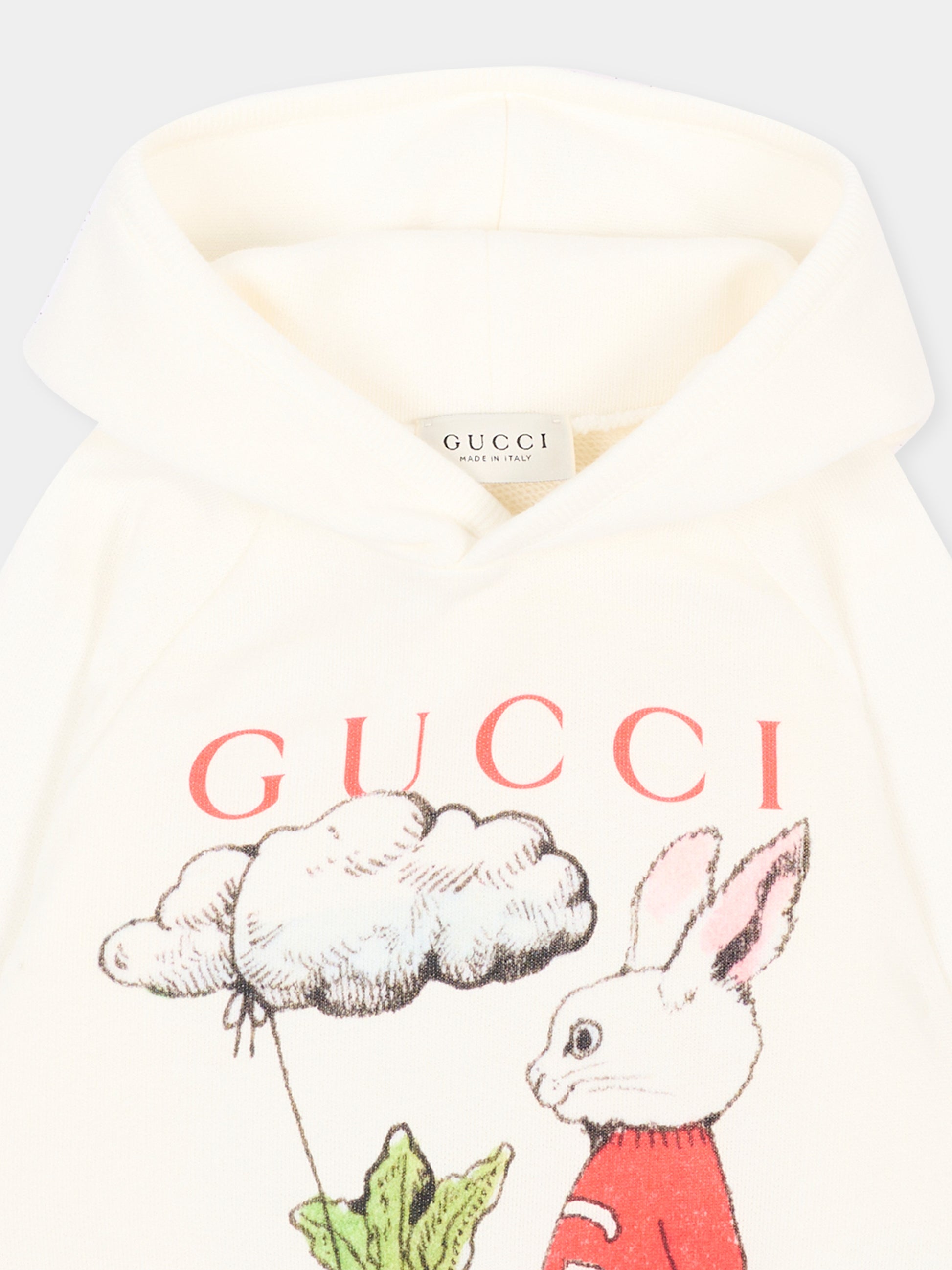 Felpa con cappuccio avorio per neonato con coniglio,Gucci Kids,749653 XJHZA 9214