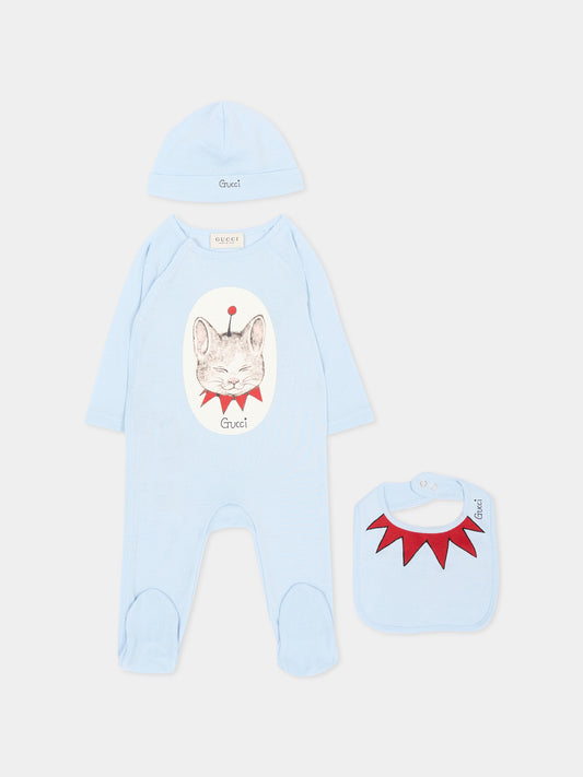 Set Tutine azzurro per neonato stampa gatto,Gucci Kids,873813 XJHZD 4454