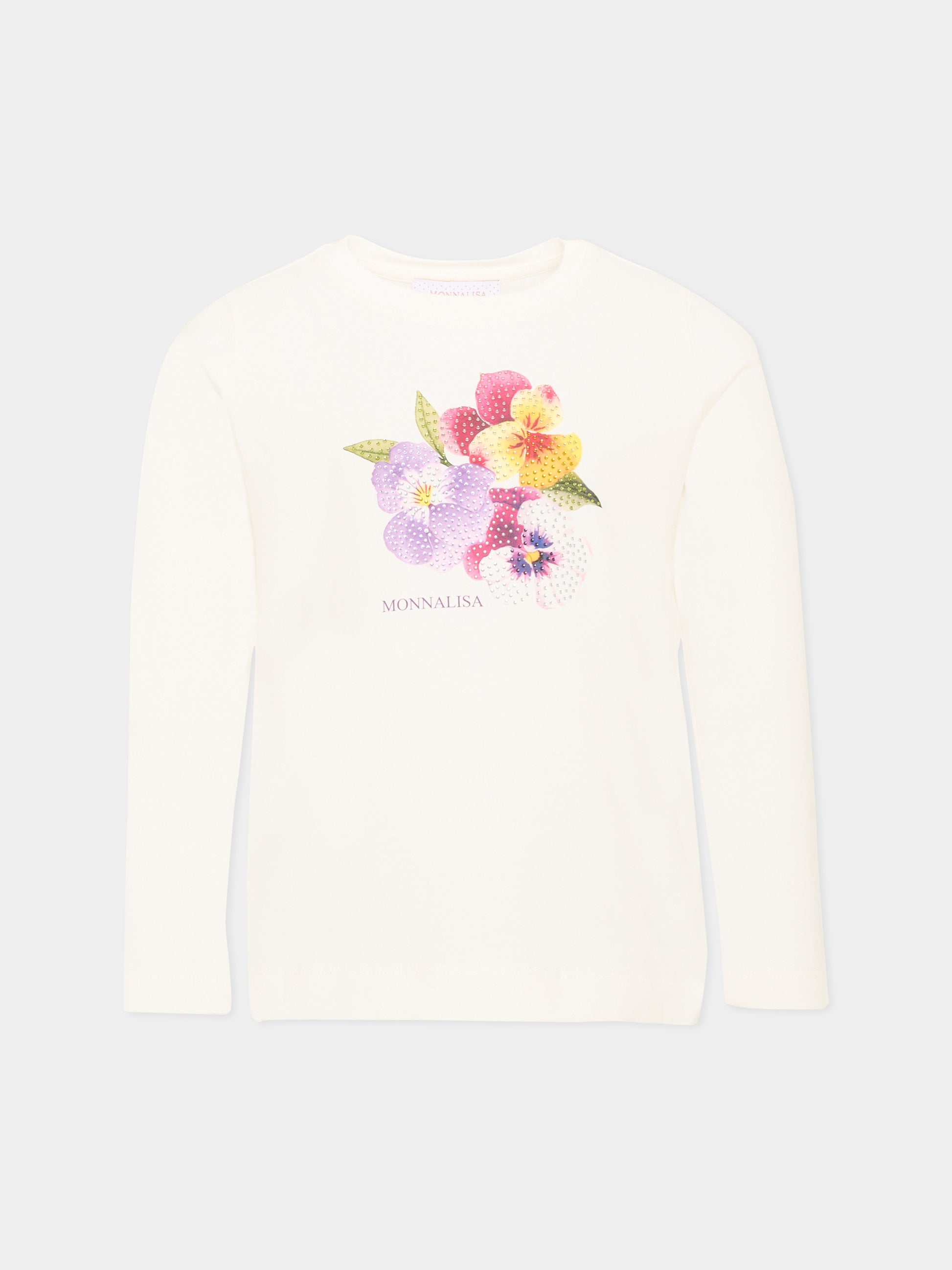 T-Shirt avorio per bambina con fiori,Monnalisa,19H610 8015 0001