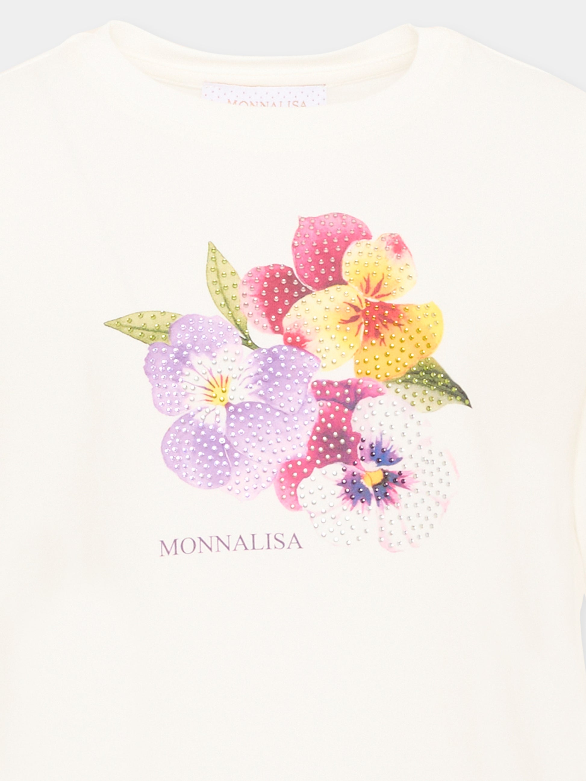 T-Shirt avorio per bambina con fiori,Monnalisa,19H610 8015 0001