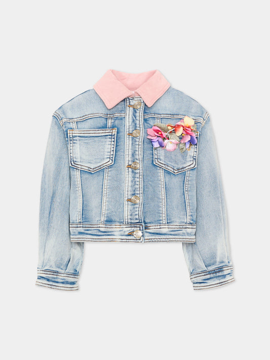 Giubbotto Di Jeans denim per bambina con fiori,Monnalisa,19H103 8042 0062