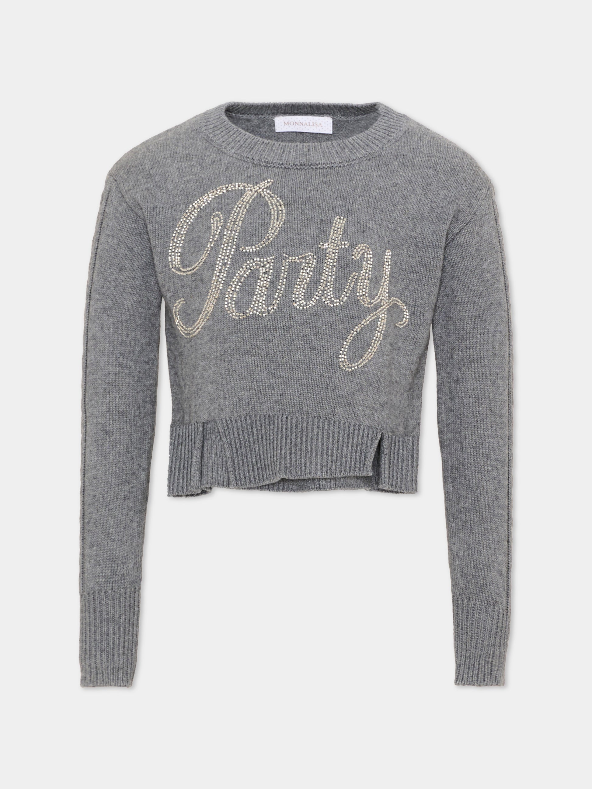 Maglione grigio per bambina con perline,Monnalisa,79H608 8060 3275