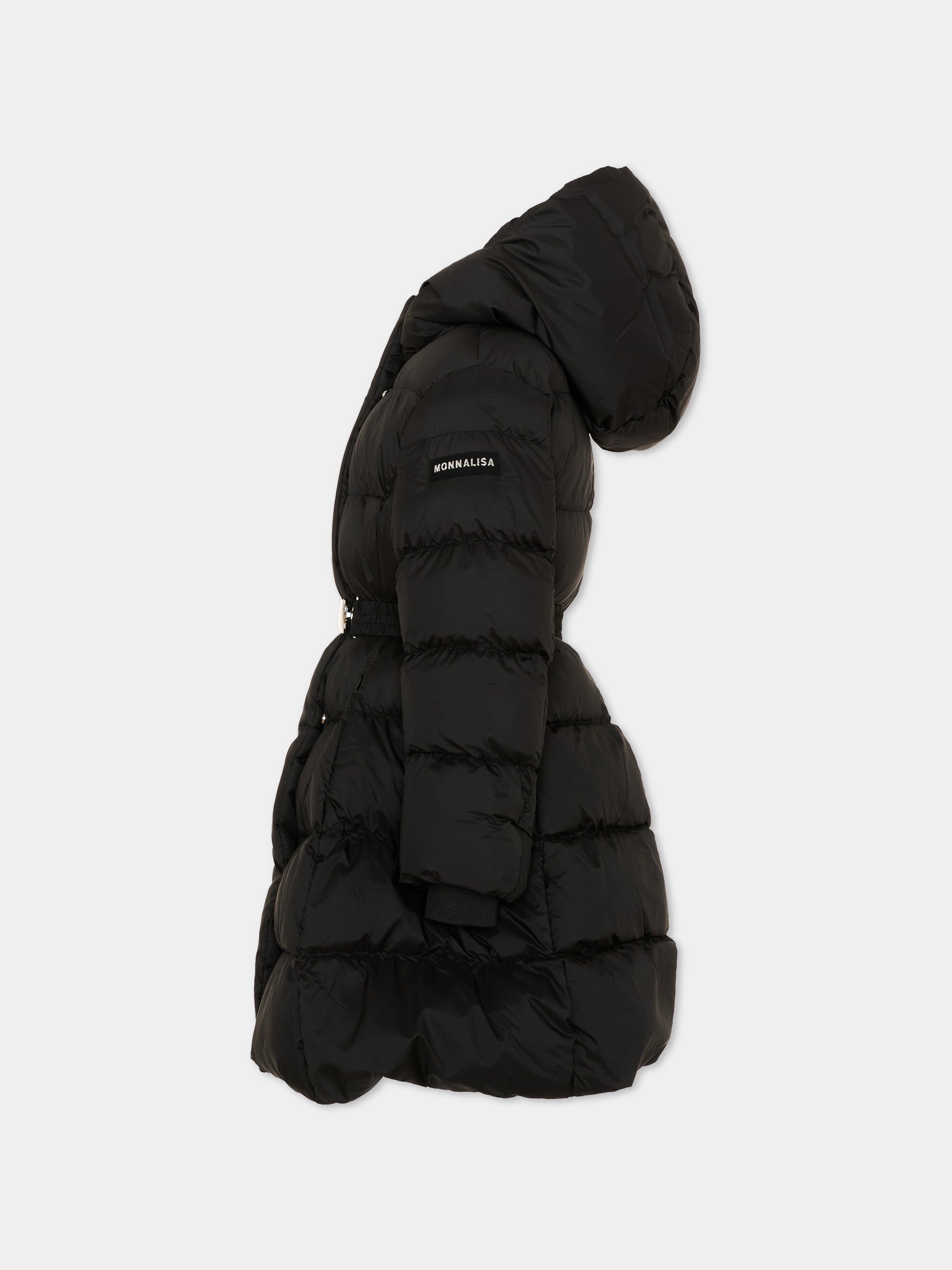 Piumino nero per bambina con cintura,Monnalisa,17H100 8020 0050