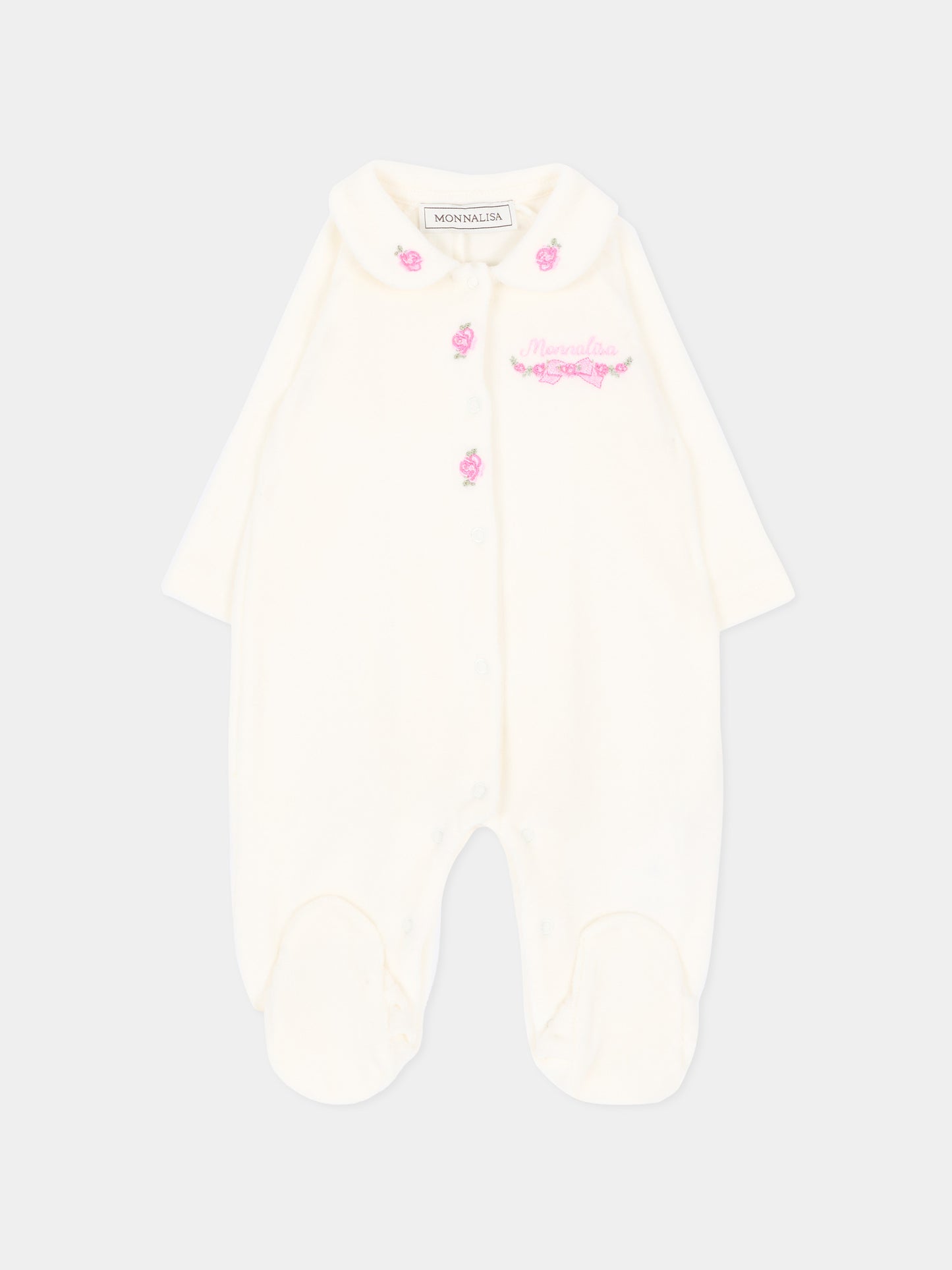 Tutina avorio per neonata in ciniglia con rose,Monnalisa,35H204 8003 0001