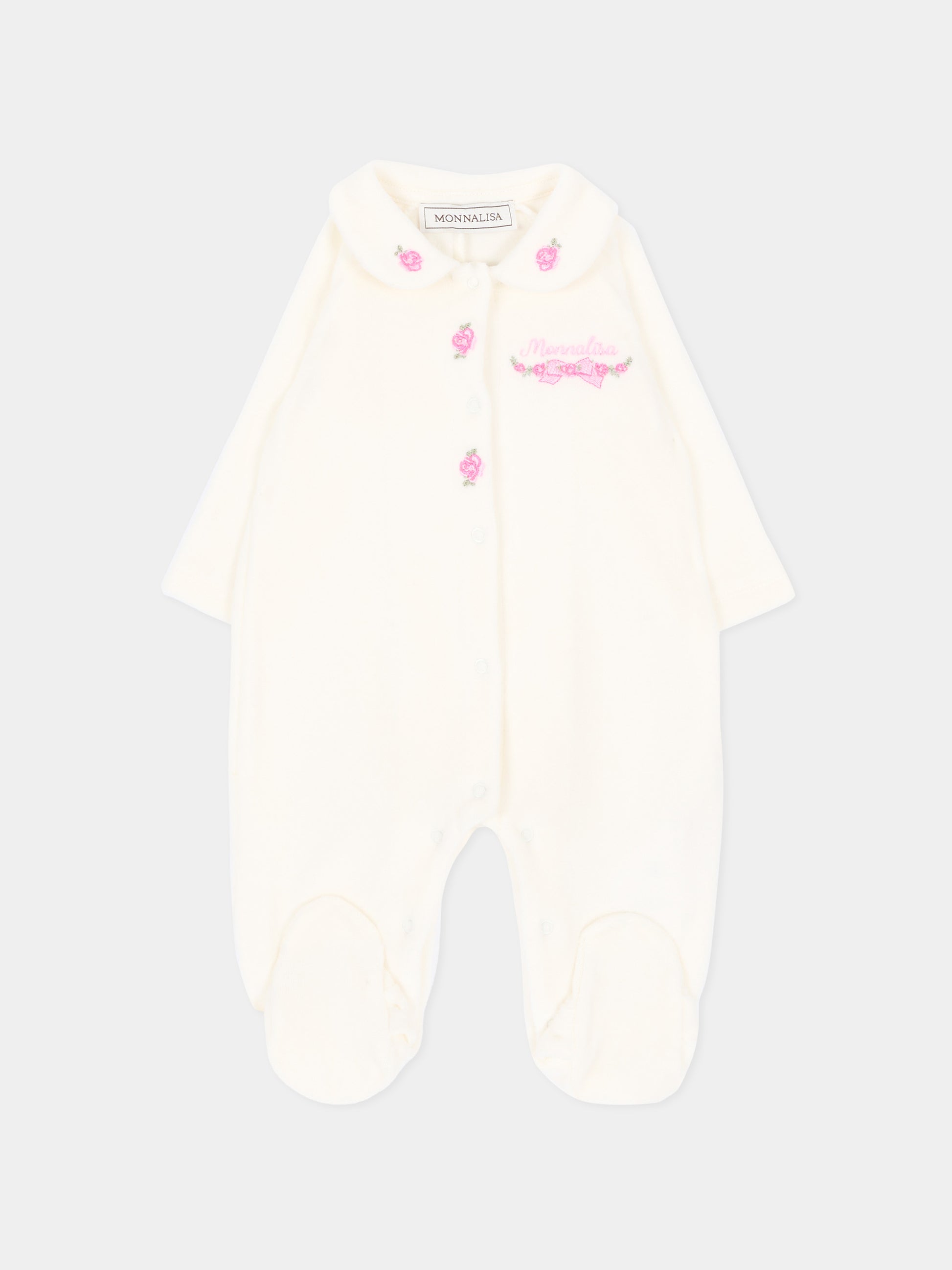 Tutina avorio per neonata in ciniglia con rose,Monnalisa,35H204 8003 0001