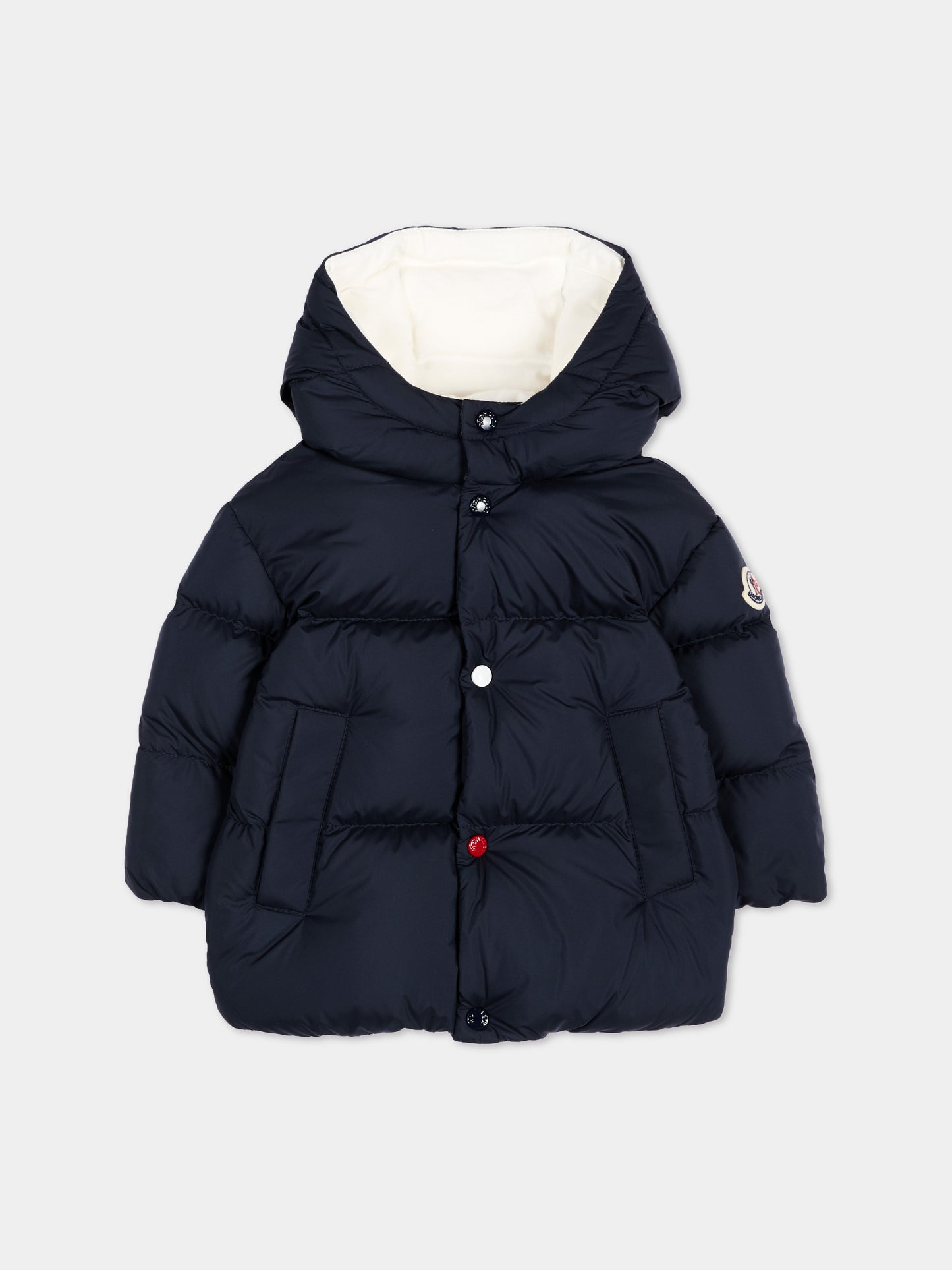 Piumini blu Romain per neonato con logo,Moncler Kids,L2951 1A00036 597X2 77G