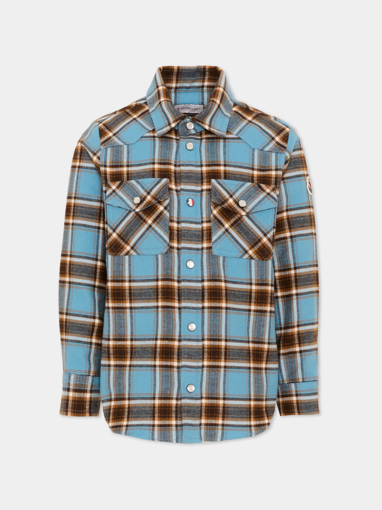Camicia a manica lunga azzurra per bambino tartan,Moncler Kids,L2954 2F00006 599XO F72