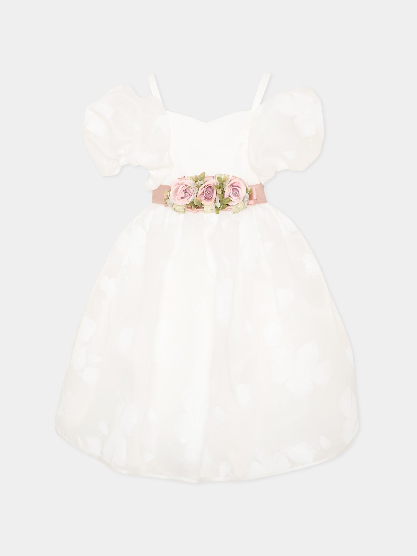 Abito elegante avorio per bambina con fiori applicati,Colorichiari,FL108479 4907 1583