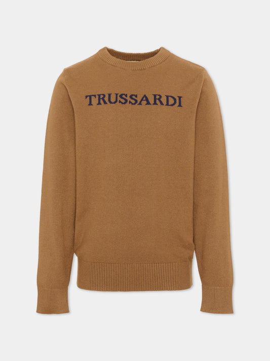 Maglione marrone per bambino con logo,Trussardi Junior,TBA26021MA CAMEL CAMEL