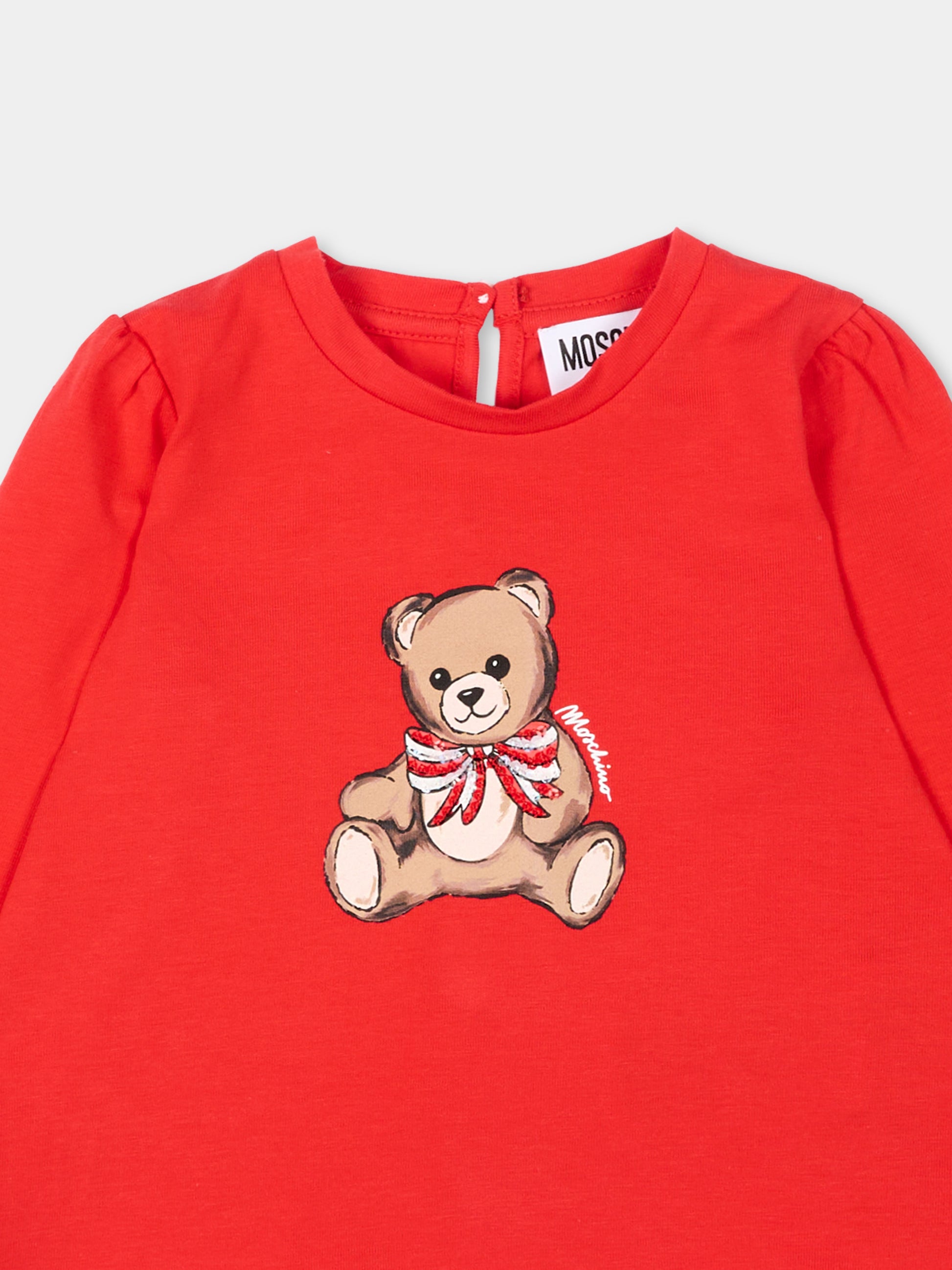 T-Shirt rossa per neonati con Teddy Bear,Moschino Kids,MEO001 LBA11 50109