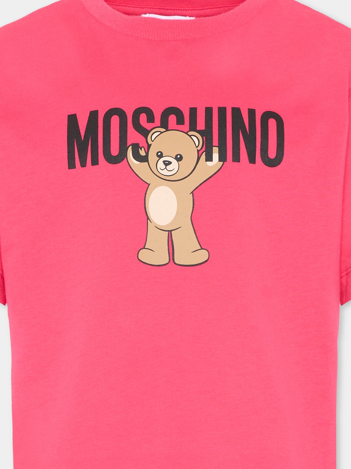 T-Shirt fucsia per bambina con logo,Moschino Kids,HMM05G LAA10 50541