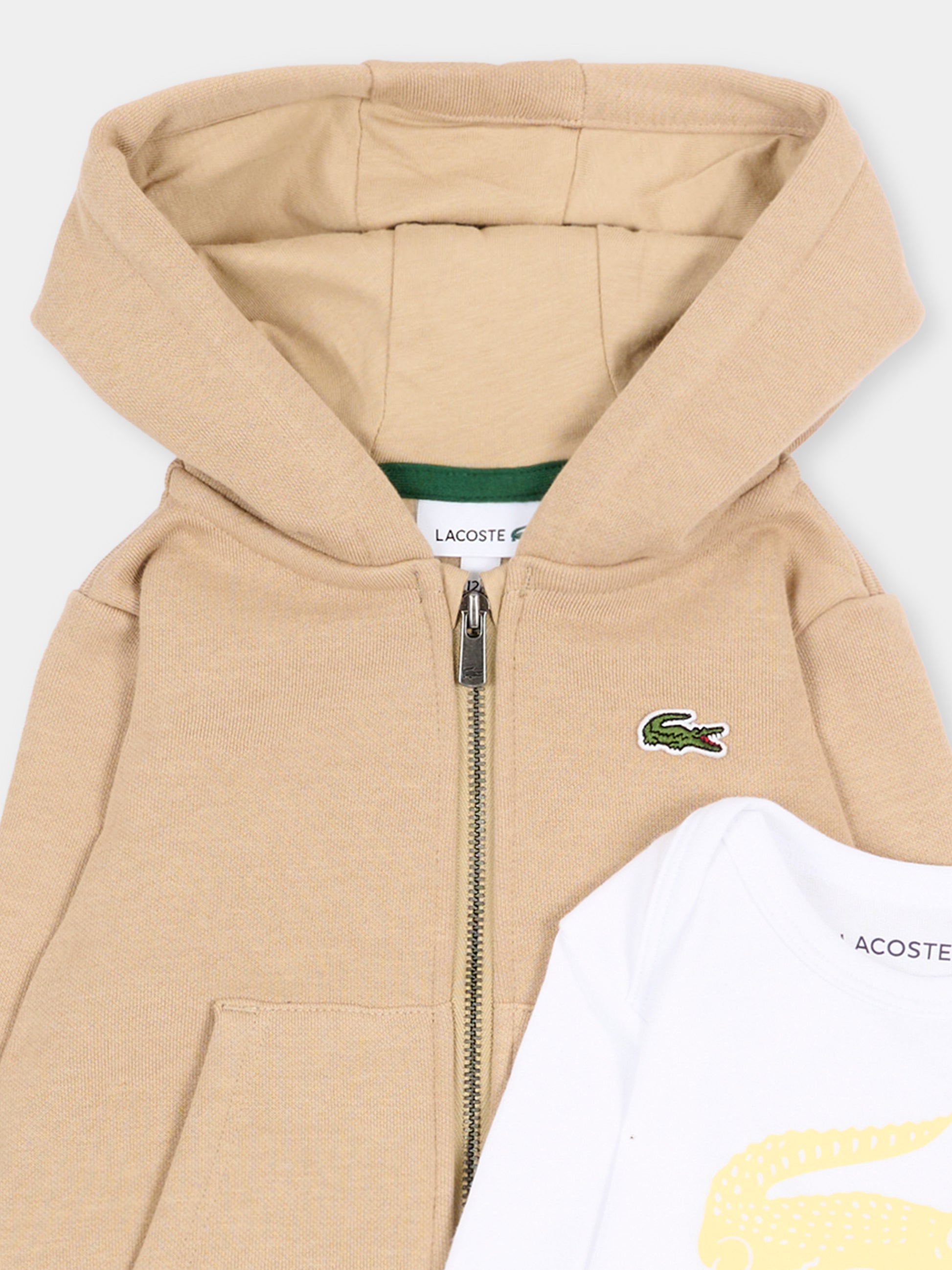 Completo sportivo lungo beige per neonato con logo,Lacoste,7192 02S