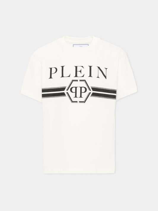 T-Shirt avorio per bambino con logo,Philipp Plein Junior,F6PHJBTH093 002