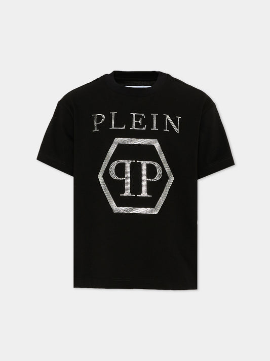 T-shirt nera per bambina con logo,Philipp Plein Junior,F6PHJGTH022 110
