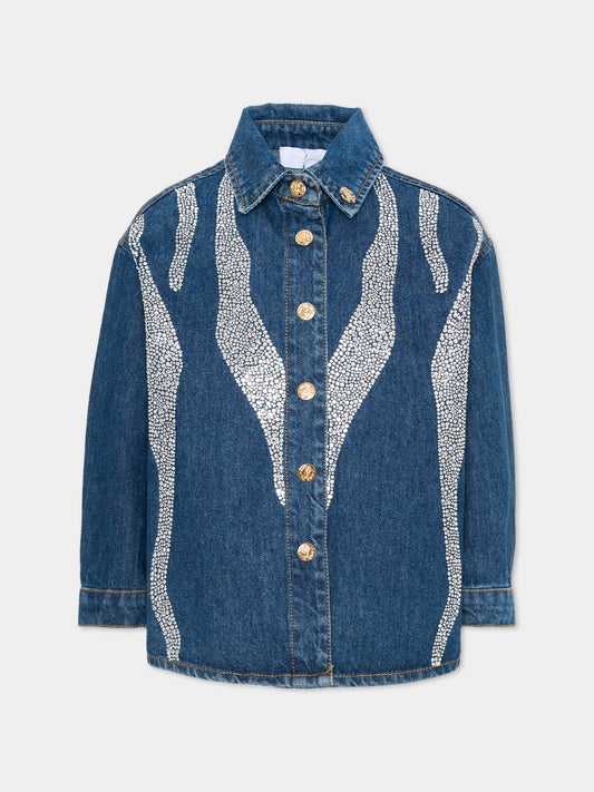 Giubbotto Di Jeans denim per bambina con strass,Roberto Cavalli Kids,CGA26002CA D.BLUE_MED