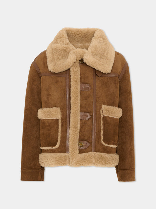 Ecopelliccia marrone per bambini con logo,Roberto Cavalli Kids,CBA26114MT BROWN_R/BM